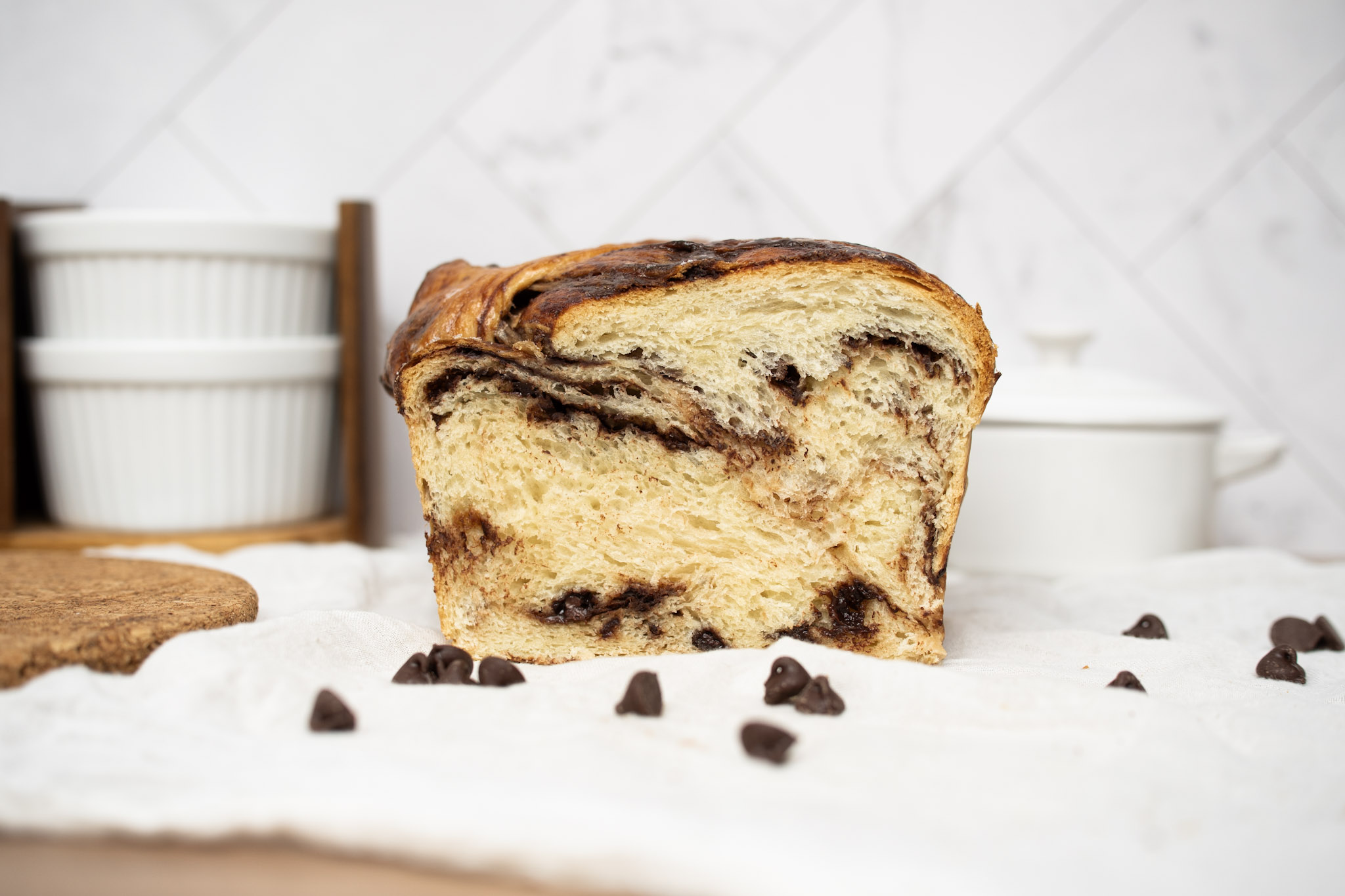 cross section of a chocolate chip brioche loaf