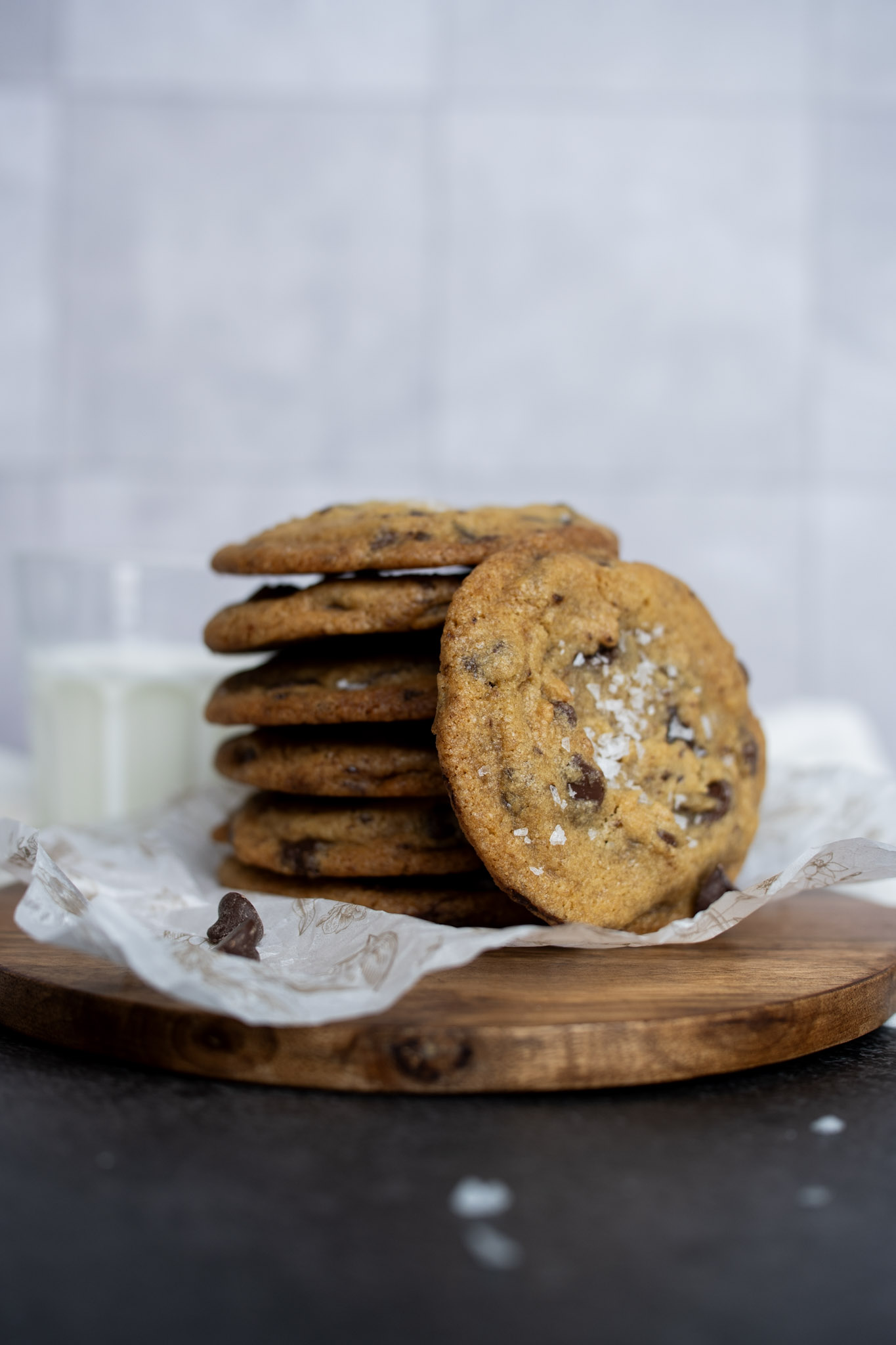 stack of chocolate chip cookies with sea salt